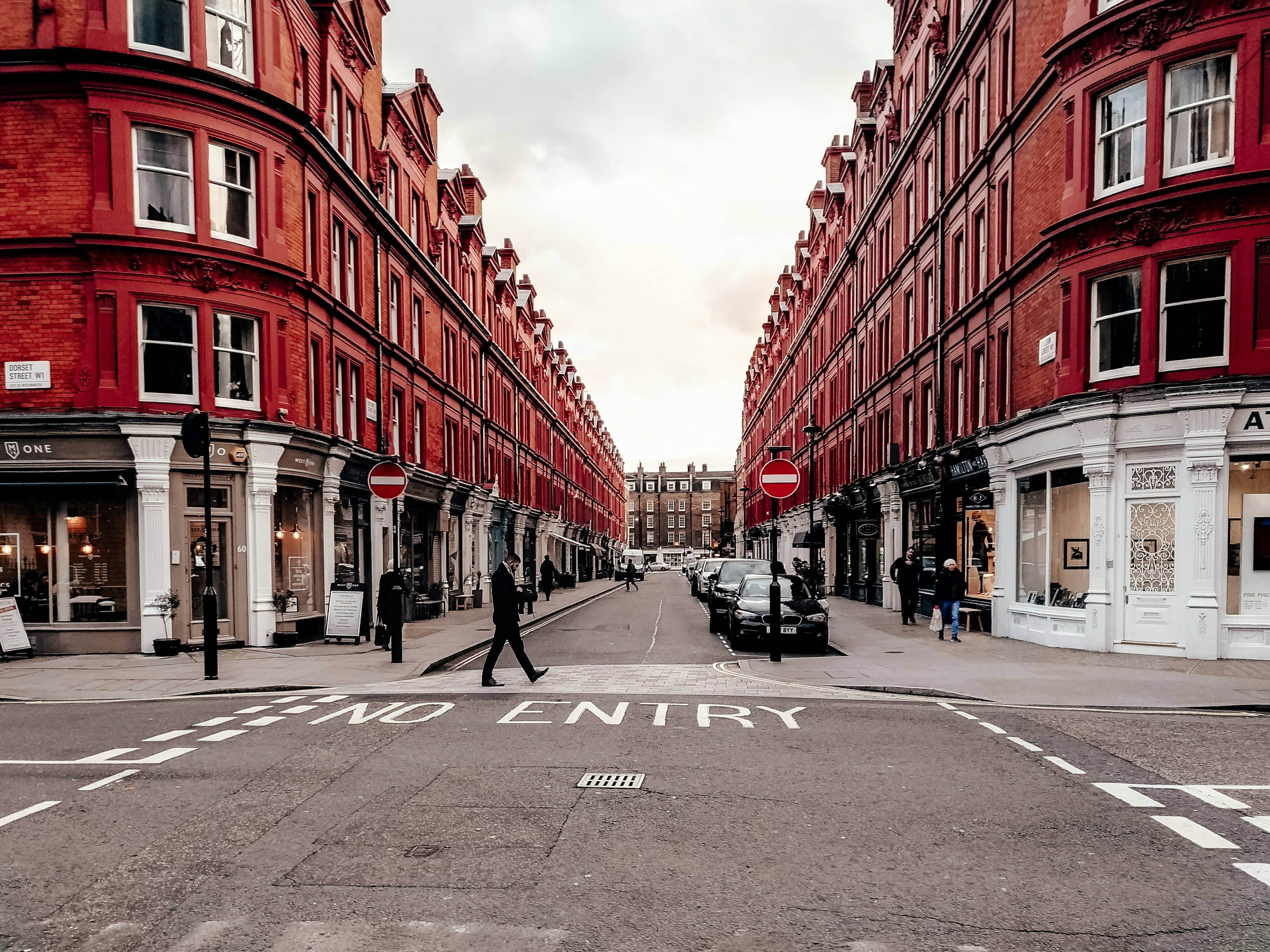 A street of red-brick buildings in London